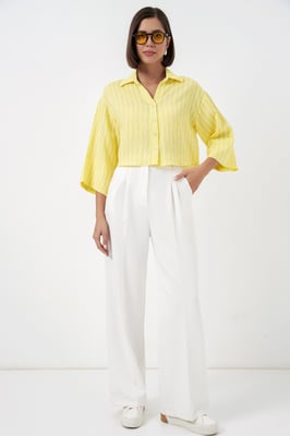 Oversized Gestreepte Cropped Shirt met Knoopsluiting