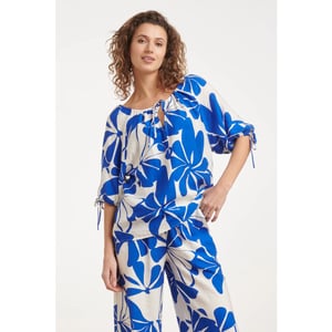 Smashed Lemon Blauw en wit top met bloemenprint en strikdetails |