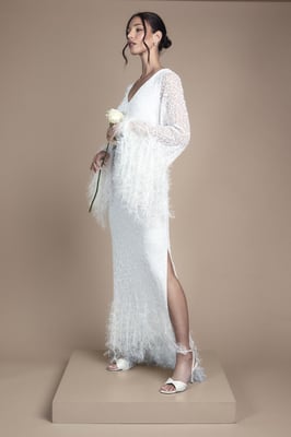 Sequin Embellished Feather Trim Long Sleeve Maxi Wedding Dress