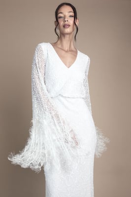 Sequin Embellished Feather Trim Long Sleeve Maxi Wedding Dress
