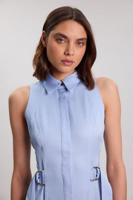 Premium Viscose Linen Topstitch Halter Neck Woven Dress With D Ring Detail