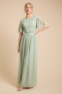Floral Embellished Mesh Angel Sleeve Maxi Dress