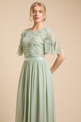 Floral Embellished Mesh Angel Sleeve Maxi Dress