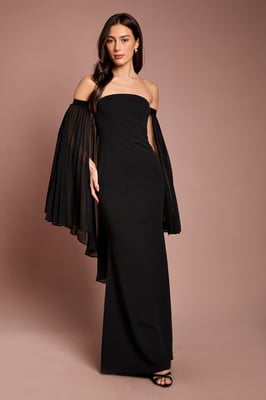 Strapless Maxi Dress With Pleated Chiffon Cape