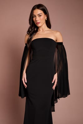 Strapless Maxi Dress With Pleated Chiffon Cape