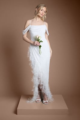 Sequin Embellished Feather Trim Draped Bardot Maxi Wedding Dress