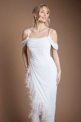 Sequin Embellished Feather Trim Draped Bardot Maxi Wedding Dress