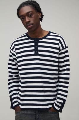 Regular Fit Henley Striped Knitted Long Sleeve T-Shirt