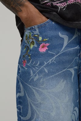Longline Floral Embroidered Denim Jorts