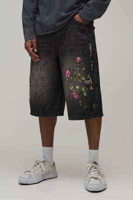 Longline Floral Embroidered Denim Jorts