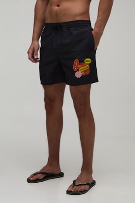 Sticker Print Mid Length Swim Short