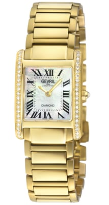 Gevril Women's Regina Swiss Diamond Watch, White MOP Dial, 316L IPYG 2 sides Diamond Case, 316L Stainless Steel IPYG Bracelet.