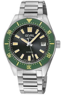 Gevril Men's Mariner Row Automatic, SS Case, Green Ceramic  Bezel, Black Dial, 316L Stainless Steel Satin Bracelet Watch