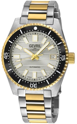 Gevril Men's Atlantic  Avenue 316L Stainless Steel Case, Black Ceramic Bezel, White Silver Embossed Dial, Two toned SS/IPYG Bracelet.