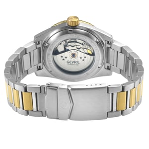 Gevril Men's Atlantic  Avenue 316L Stainless Steel Case, Black Ceramic Bezel, White Silver Embossed Dial, Two toned SS/IPYG Bracelet.