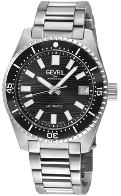 Gevril Men's Atlantic Avenue 316L Stainless Steel Case, Black Ceramic Bezel, Black Embossed Dial, 316L Stainless Steel Bracelet.