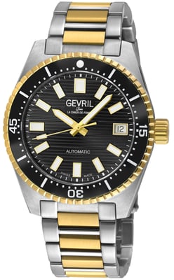 Gevril Men's Atlantic  Avenue 316L Stainless Steel Case, Black Ceramic Bezel, Black Embossed Dial, Two toned SS/IPYG Bracelet.