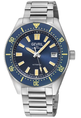 Gevril Men's Mariner Row Automatic, SS Case, Blue Bezel, Blue Dial, 316L Stainless Steel Satin Bracelet Watch