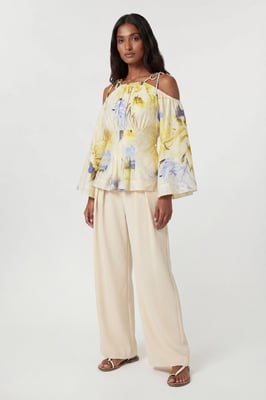 Blue Floral Off The Shoulder Shirred Woven Blouse
