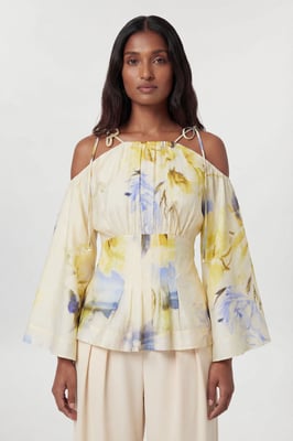 Blue Floral Off The Shoulder Shirred Woven Blouse