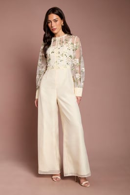 Embroidered Floral Mesh Long Sleeve Jumpsuit