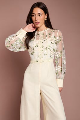 Embroidered Floral Mesh Long Sleeve Jumpsuit