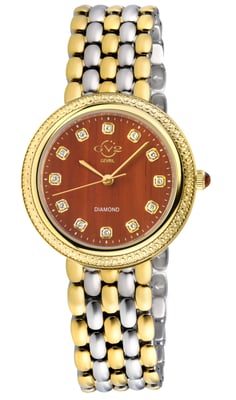 GV2 Arezzo Women's Diamond Watch, IPYG Case, Red Jasper Dial, Two toned SS/IPYG Bracelet Watch.