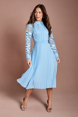 Long Sleeve Lace and Pleated Midi Shirt Dress