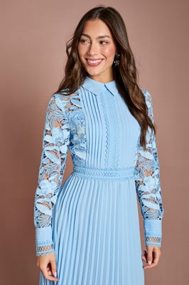 Long Sleeve Lace and Pleated Midi Shirt Dress