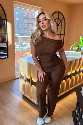 Ribbed Slash Neck Top with Wide Leg Trouser Loungewear Set