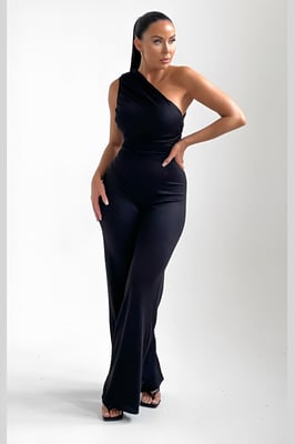 Black One Shoulder Ruched Straight Leg Jumpsuit - Kay