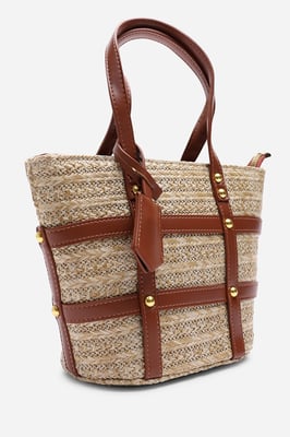 Alaia Small Raffia Bag with Studd Detail and Cross Body Strap in Tan