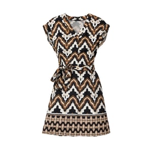 Smashed Lemon Jurk met abstracte zigzag print in bruin, zwart en crème met tailleceintuur |