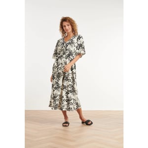Smashed Lemon Zwart-witte jurk met tropische print en strikdetail |