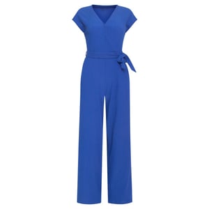 Smashed Lemon Blauwe jumpsuit met overslag v-hals en tailleceintuur |