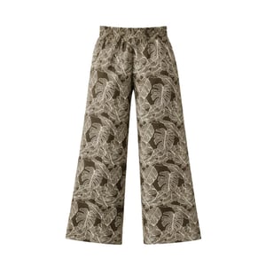 Smashed Lemon Olijfgroene broek met bladerenprint en wijde pijpen |