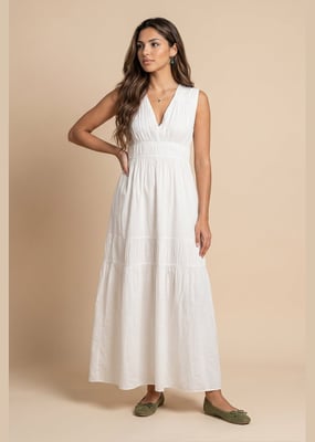 White Cotton Poplin Ruched Maxi Dress