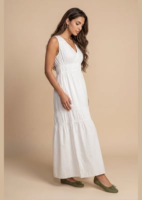 White Cotton Poplin Ruched Maxi Dress