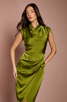 Satin Cowl Neck Ruched Detail Midi Dress