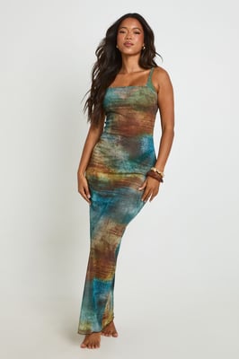 Abstract Print Sheer Mesh Cowl Neck Low Back Maxi Beach Dress