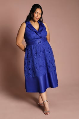 Plus Lace Sleeveless Satin Contrast Midi Skirt Dress