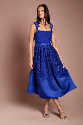 Bow Shoulder Square Neck Lace Midi Dress