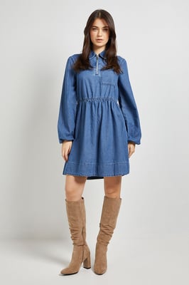 Zip Front Pocket Detail Long Sleeve Denim Mini Dress