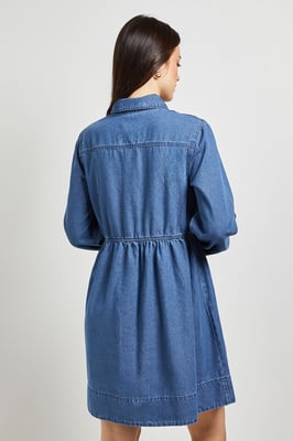 Zip Front Pocket Detail Long Sleeve Denim Mini Dress