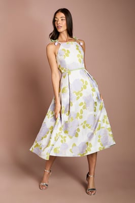 Tulip Strap Jacquard High Neck Midi Dress