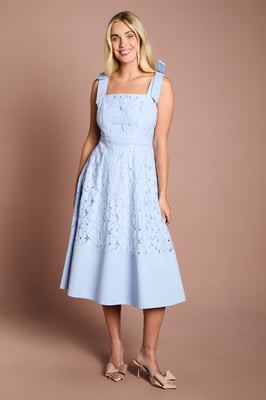 Petite Bow Shoulder Floral Lace Midi Dress