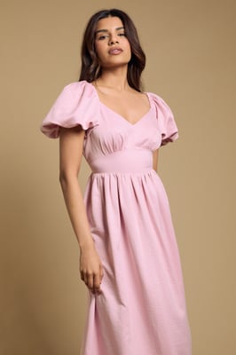 Petite Bubble Sleeve Waistband Midi Dress