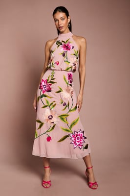 High Neck Midi Dress With Floral Embroidery
