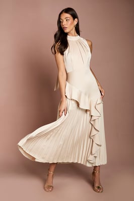 Sleeveless Ruffle Pleat Satin Back Crepe Dress