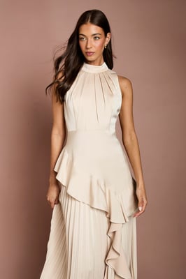 Sleeveless Ruffle Pleat Satin Back Crepe Dress